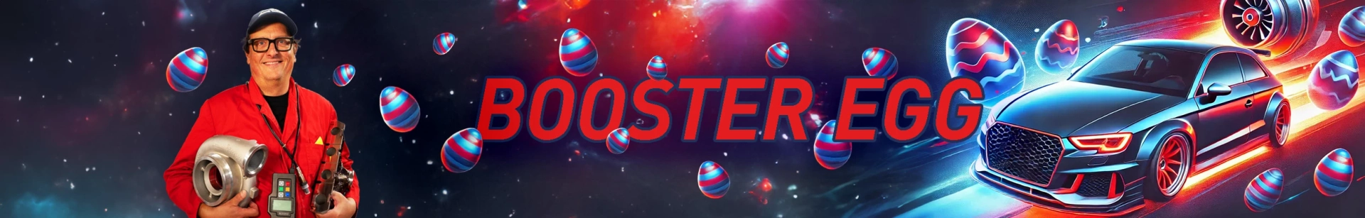Banner für die Booster-Egg-Aktion zeigt KI-Bild mit Bartek, einem Audi RS3 und Ostereier